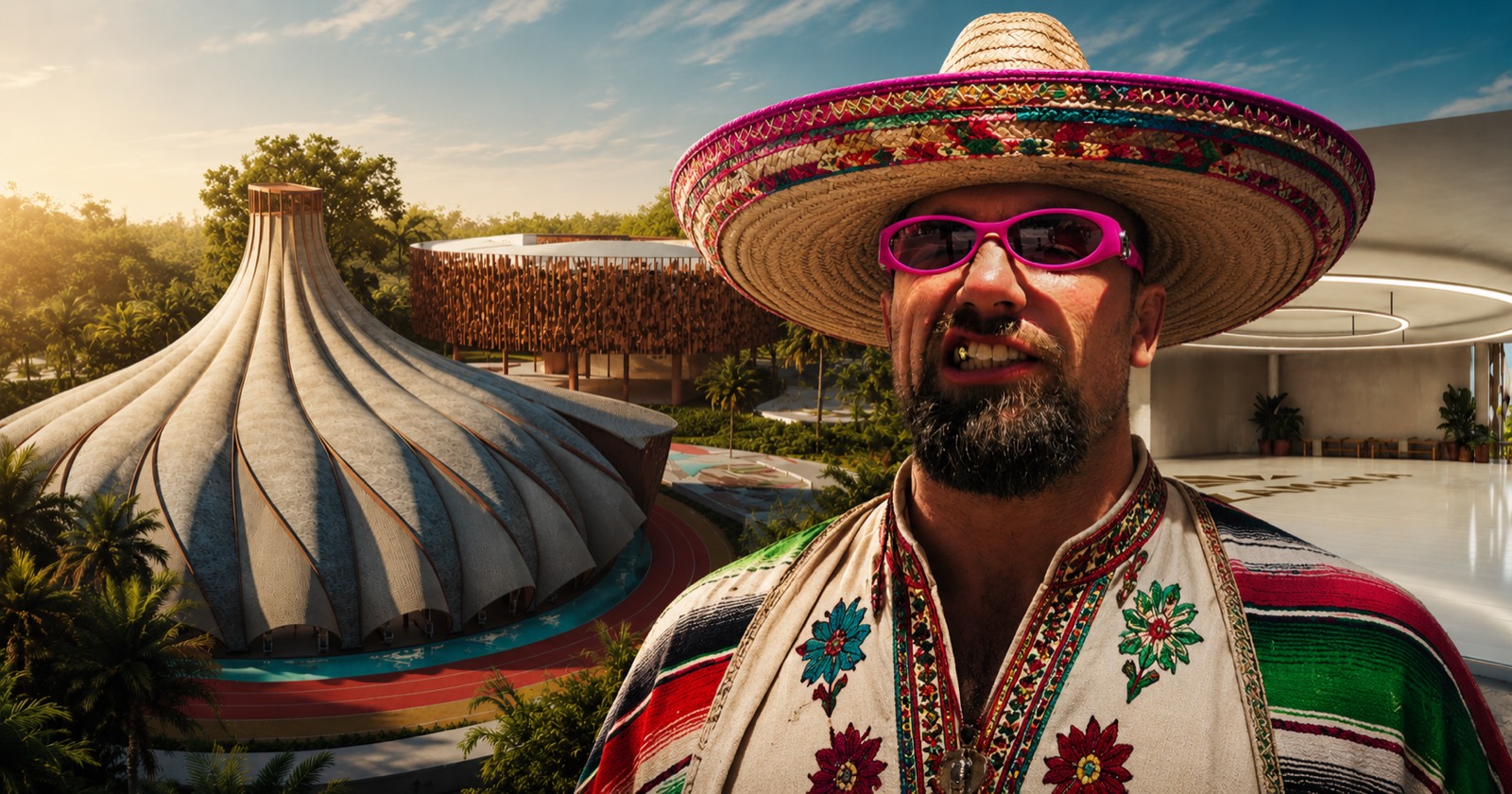 AI illustration of Craig Jones in a sombrero and serape grinning in front of Zamaya's swirling training pavilion in Tulum