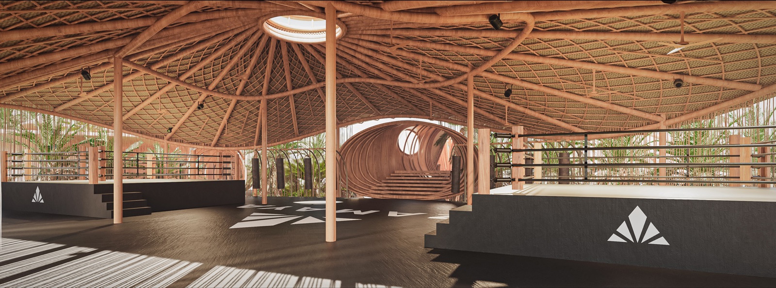 Render of Zamaya's fight pavilion: two competition rings under a woven timber roof, open to the jungle