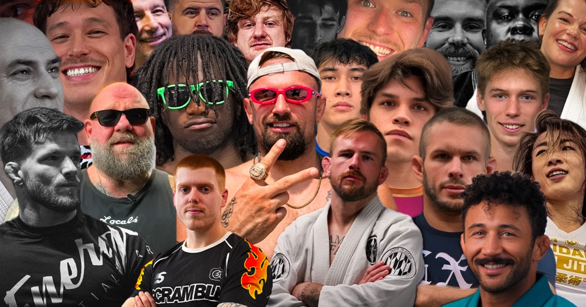 Collage of around twenty BJJ content creators cut out and layered together, a mix of gi, rashguard and street clothes