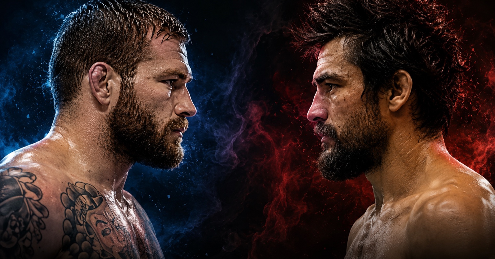 AI illustration styled as a Gordon Ryan versus Kron Gracie fight poster, one fighter lit blue, the other lit red, facing off through smoke