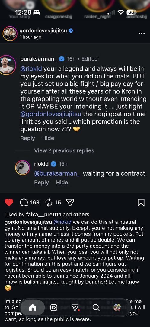 Instagram post from gordonlovesjiujitsu challenging riokid to a no-time-limit submission-only match, with a comment thread above where riokid replies 'waiting for a contract'